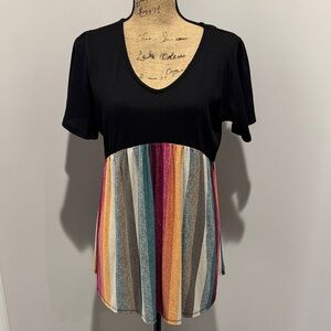 HEIMISH USA Black V-Neck Tunic with Multicolor Stripe Skirt